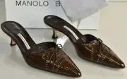 NEW Manolo Blahnik OXFONA Brown Gold Brogue Patent Kitten Heels Mules Shoes 40
