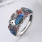 925 Sterling Silver Band Men Women Colorful Enamel Lotus Flower Fish Ring