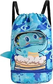 KASESSS Swimming Bags for Kids, Waterproof Drawstring Gym Bag, Large Capacity Swim Bag for Boy and Girl, Wet and Dry Sports Bag with Shoe and Goggle Pocket Sports Backpack for Beach Pool School, Blue