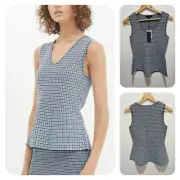 BNWT Saba Tank Top Milano 6 XXS Women's, Peplum Check Blue Blouse RRP$199