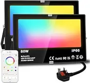 Lighting LED Floodlight 800W Equivalent 8000LM, Smart RGB Flood Lights Outdoor with APP Control, Colour Changing + Warm White, Timing - Scene - Garden , IP66, UK Plug（2 Packs