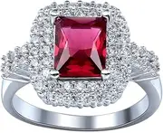 [Bigood] Red Square Crystal CZ Plated 925 Sterling Silver Wedding Ring