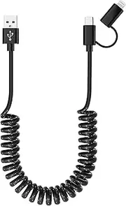 USB to USB-C and Lightning Cable Combo 2 in 1 Coiled Cable Apple Carplay & Android Auto Compatible [MFi & 3A Fast Charge & Data Sync] Coiled Lightning and USB C Cable for iPhone 15/14/13/12/Android