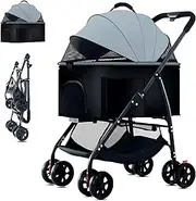 Pet Stroller 3-in-1, One-Click Foldable Cat Dog Stroller, Large Double Cat Carrier for Veterinary Visits/Hiking/Camping Gray