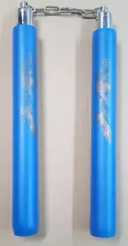 Foam Nunchakus Blue with Gold Dragon Design. Metal Steel Swivel. Plus Head Band.