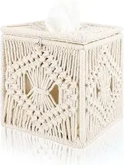 Boho Tissue Box Cover Square Handwoven Macrame, Cute Decorative Holder with Bead Buckle for Bathroom, Bedroom & Office Beige 5.5"x5.5"x6"