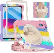 Herize iPad 10/11th Generation Case 10.9 Inch with Scren Protector&Stand | iPad A16 A2757/A2777 Cover 2022/2025 | Heavy Duty Shockproof Rugged Protective Case W/Handle Strap Sholuder Strap | Pink