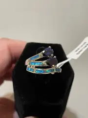 Pear Shaped Blue CZ & Blue Lab Created Opal Inlay Sterling Silver Ring Size 10
