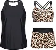 [Tempt Me] 3 Piece Swimsuit for Women Tankini Bathing Suit Modest High Neck Tank Tops Swimwear with Shorts