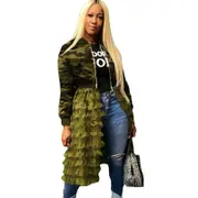Nevenka Womens Ruffle Patchwork Jacket Zipper Coat Dress-Camouflage Green