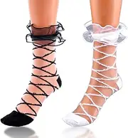 [Miaband] Ruffle See Through Socks Sheer Sock Tulle Cool Mesh Ankle Socks Black Socks for Women and Girls 2 Pairs, Multi, One Size