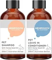 Hempooch™ Pet Shampoo & Leave In Conditioner Bundle - Cherry Zest 250ml | 2 x 250ml bottles | Biodegradable | Made with 100% Cold Pressed Australian Hemp Seed Oil | For Cats and Dogs | Great for skin, joints and general wellbeing