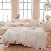 MOTNTD Pink Floral Queen Duvet Cover Pink Ruffle Coquette Comforter Cover Queen Size Cotton Boho Aesthetic Cute Duvet Cover Set with 4 Corner Ties Soft Queen Bedding Set Striped Duvet Protector