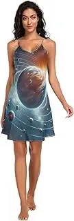 [RPLIFE] Space Solar System Planets Elements Womens Slip, Adjustable Spaghetti Strap V Neck Summer Nightgowns for Women
