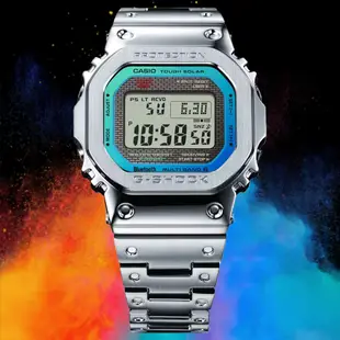 CASIO 卡西歐 G-SHOCK 彩虹光譜 太陽能智慧藍芽 全金屬方形電子錶-銀(GMW-B5000PC-1)