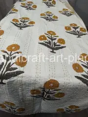 White Floral Indian Kantha Hand Block Print Bedspread Handmade Quilt King Size