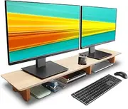 Large Dual Monitor Stand Riser, Solid Wood Desk Shelf with Eco Cork Legs for Laptop Computer/TV/PC/Printers, Perfect Desktop Stands Organizer with Underneath Storage for Office Accessories