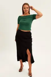 Black Midi Skirt Elastic Waist Split Side Linen Blend