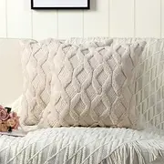 Haundry Pack of 2 Soft Plush Short Wool Velvet Decorative Throw Pillow Covers Luxury Style Cushion Case Pillow Shell for Sofa Bedroom Square Beige 18x18 inch