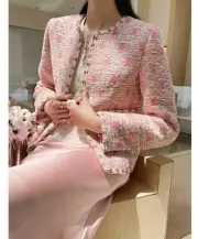Handmade Tweed Boucle Pink Jacket With Multi Colour Dots Size XL(uk14-16)