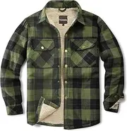 Puwasa Men's Sherpa Lined Cotton Flannel Shirt Jacket Plaid Button Up Jacket Coat for Men with Pocket, Army Green, Large