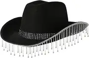 [Wedhapy] Bride Cowgirl Hat with Rhinestone Tassel, 16x12x5" Rhinestone Cowgirl Hat, Fabric Bride with Chain Tie, Exquisite & Beautiful Western Headwear
