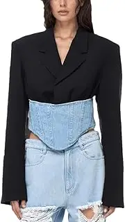 [Generic] Casual Patchwork Denim Slimming Blazer for Women Notched Long Sleeve Spliced Zipper Hit Color Blazers