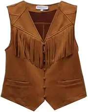 [Generic] Women's Fringe Trim V Neck Sleeveless Hippie Vest Jacket