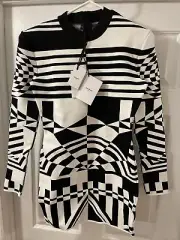New Balmain Paris Short LS Jacquard Dress, EAB Black/White, Size EU 40, US 8