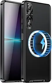[FLURIKA] Magnetic for Sony Xperia 1 V Case Compatible with MagSafe Charger Ultra Slim Matte PC Back Metal Frame Bumper Scratch Resistant Safety Lock Shockproof Protective Case, Black