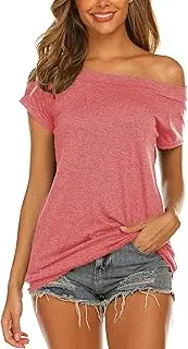 [Halife] Slouchy Tees for Women Off The Shoulder Tops Short Sleeve Watermelon Red S, Watermelon Red, Small