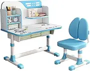 Small Desk, Standing Desk, Desk Chair Set, Height Adjustable Children School Study Table Chair Set with Astronaut Pattern, Ergonomic Desk Chair with Large Writing Board, Bookshelf and Drawer (Blue)
