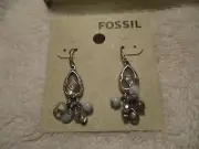 NEW on CARD "Fossil" Silve Tone Inlaid Abalone Shell Dangle Pierced Earrings