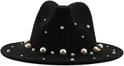 [Zozogag] Women Men Wool Fedora Hat with Big Pearl Gentleman Lady Winter Autumn Wide Brim Church Panama Sombrero Jazz Cap