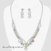 AURORA BOREALIS & CLEAR CRYSTAL PROM WEDDING FORMAL NECKLACE JEWELRY SET
