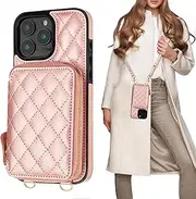 Bocasal Crossbody Wallet Case for iPhone 16 Pro Max, RFID Blocking PU Leather Zipper Handbag Purse Flip Cover, Kickstand Folio Case with Card Slots Holder Wrist Strap Lanyard 5G 6.9 Inch (Rose Gold)