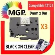 3X TZ121 P-touch Labelling Tape 9mm for Brother PT-1880 PT-1950 Black-ON-Clear