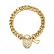 18ct Heavy Yellow Gold Plated Euro Chain Bracelet Featuring a Simulated Diamond Locket - USA Made