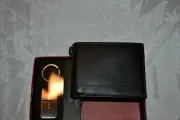 Perry Ellis Portfolio Men's Brown Leather Passcase Wallet With Key Fob Set - NIB