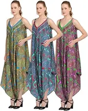 [WEVEZ] Women's Floral Print Baggy Jumpsuits, Wide Leg Overalls, Summer Boho Casual Rompers, Pack of 03, Multicolor, One Size Long