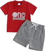 [Kayotuas] Baby Boy Summer Clothes Toddler Baseball Outfit 1st/2nd Birthday Outfits Applique T-Shirt Top and Gingham Shorts Set