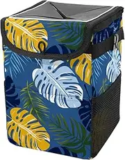 Car Trash Can with Lid and Storage Pockets Leak-Proof Organizer,Multipurpose Trash Bin for Car,Colorful Palm Leaf Tropical