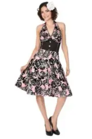 Voodoo Vixen Rosy Flair Halter Dress Rockabilly Swing Pinup Size S