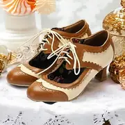 Vintage Oxford Lace-Up Women's Brogue Heels – Two-Tone Retro Style Shoes with Elegant Floral Insole and Kitten Heel for Formal and Casual Occasions