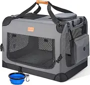 Morpilot Large Dog & Cat Carrier | Soft-Sided Pet Travel Crate, Foldable Dog Car Crate for Max 32kg, with Collapsible Bowl, Shoulder Strap & Storage Pockets, Grey