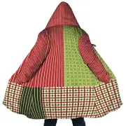 Personalized Hooded Cloak Coat, Red Green Christmas Pattern Color Block Cloak
