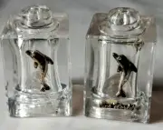 Vtg Lucite Salt And Pepper Set With Attached Metal Dolphins Sea World #W. UT#3