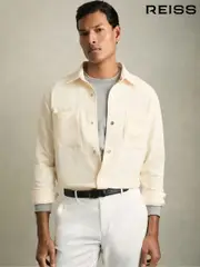 Reiss Off White Fitzroy Brushed Corduroy Press-Stud Overshirt (AB2279) | $280