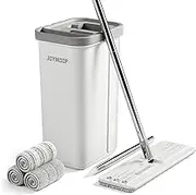 JOYMOOP Mop and Bucket Set with Wringer, Flat Mops for Floor Cleaning, Wall Cleaner with Long Handle, Hardwood, Tile, Laminate, Vinyl Floors, Smooth Walls, and Glass Windows - White, 3 Microfiber Pads