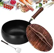 Suntuup Japanese Iron Pan, Uncoated Iron Pan, Suntuup Japanese Hand-Forged Non-Stick Irons Pans Without Coating, Hand-Forged Non-Stick Irons Pans Without Coating Durable (28cm-Wooden lid)